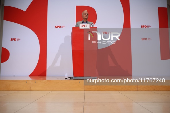 Matthias Miersch, SPD general secretary, speaks during a press conference to the media after the weekly SPD leadership meeting at Willy-Bran...