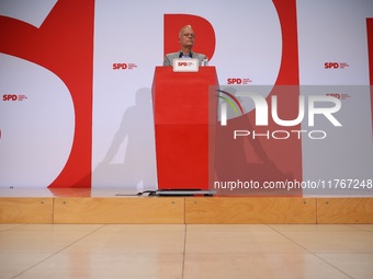 Matthias Miersch, SPD general secretary, speaks during a press conference to the media after the weekly SPD leadership meeting at Willy-Bran...