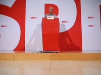 Matthias Miersch, SPD general secretary, speaks during a press conference to the media after the weekly SPD leadership meeting at Willy-Bran...