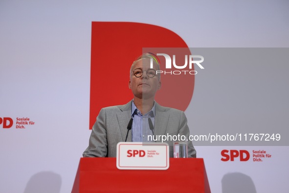 Matthias Miersch, SPD general secretary, speaks during a press conference to the media after the weekly SPD leadership meeting at Willy-Bran...