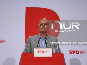 Matthias Miersch, SPD general secretary, speaks during a press conference to the media after the weekly SPD leadership meeting at Willy-Bran...