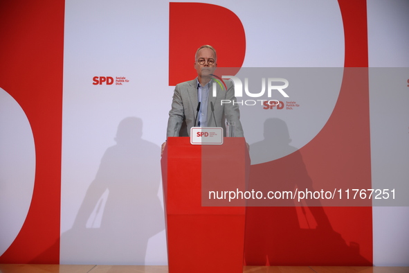 Matthias Miersch, SPD general secretary, speaks during a press conference to the media after the weekly SPD leadership meeting at Willy-Bran...