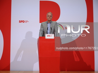 Matthias Miersch, SPD general secretary, speaks during a press conference to the media after the weekly SPD leadership meeting at Willy-Bran...