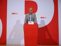 Matthias Miersch, SPD general secretary, speaks during a press conference to the media after the weekly SPD leadership meeting at Willy-Bran...