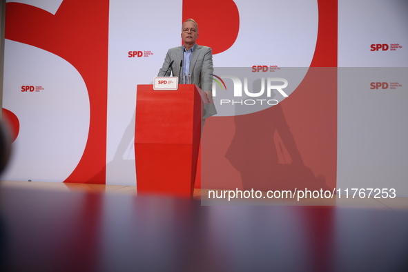 Matthias Miersch, SPD general secretary, speaks during a press conference to the media after the weekly SPD leadership meeting at Willy-Bran...