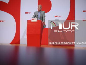 Matthias Miersch, SPD general secretary, speaks during a press conference to the media after the weekly SPD leadership meeting at Willy-Bran...