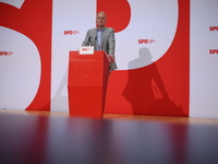 Matthias Miersch, SPD general secretary, speaks during a press conference to the media after the weekly SPD leadership meeting at Willy-Bran...