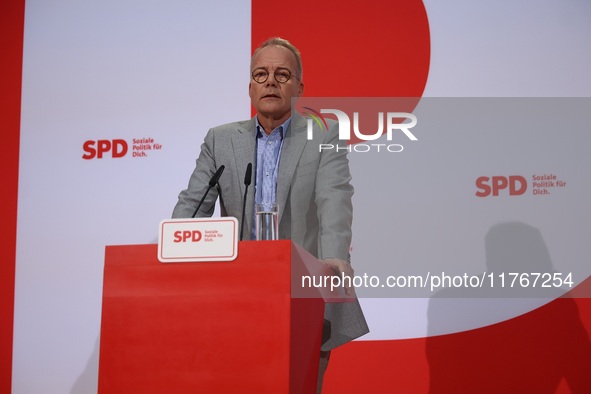 Matthias Miersch, SPD general secretary, speaks during a press conference to the media after the weekly SPD leadership meeting at Willy-Bran...