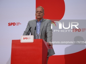 Matthias Miersch, SPD general secretary, speaks during a press conference to the media after the weekly SPD leadership meeting at Willy-Bran...