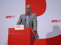 Matthias Miersch, SPD general secretary, speaks during a press conference to the media after the weekly SPD leadership meeting at Willy-Bran...