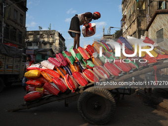 A laborer carries a load of consumer goods onto a supply cart at a wholesale market in Kolkata, India, on November 11, 2024. India's consume...