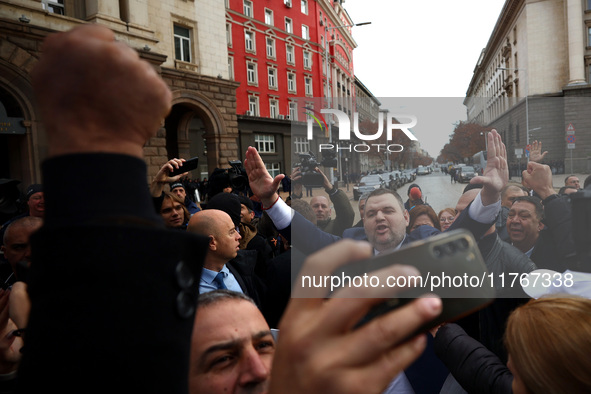 ''MRF - New Beginning'' party leader Delyan Peevski greets participants in the protest in front of the National Assembly on the first day of...