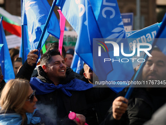 Supporters of ''MRF - New Beginning'' participate in a protest in front of the National Assembly on the first day of the parliament in Sofia...