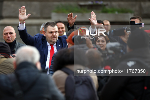 ''MRF - New Beginning'' party leader Delyan Peevski greets participants in the protest in front of the National Assembly on the first day of...