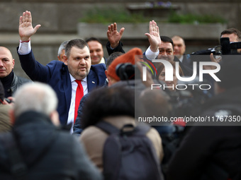 ''MRF - New Beginning'' party leader Delyan Peevski greets participants in the protest in front of the National Assembly on the first day of...