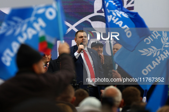 MRF - New Beginning party leader Delyan Peevski speaks to the participants in the protest in front of the National Assembly on the first day...