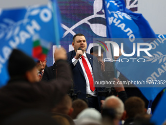 MRF - New Beginning party leader Delyan Peevski speaks to the participants in the protest in front of the National Assembly on the first day...