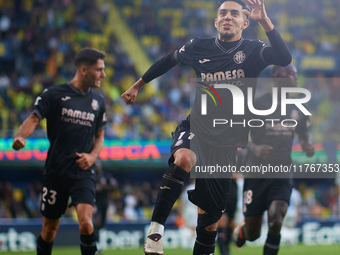 Ilias Akhomach of Villarreal CF celebrates after scoring the team's first goal during the LaLiga EA Sports match between Villarreal CF and D...