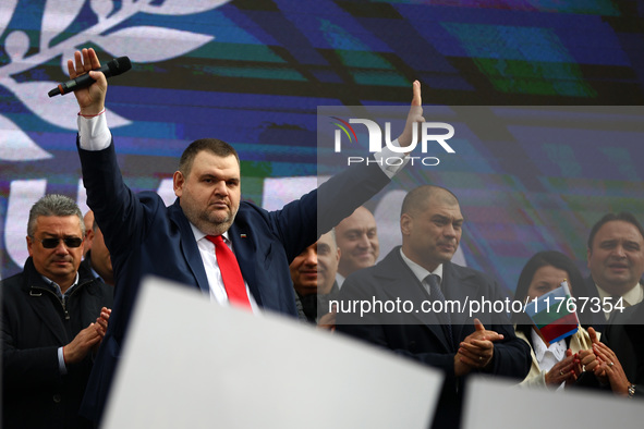 MRF - New Beginning party leader Delyan Peevski speaks to the participants in the protest in front of the National Assembly on the first day...