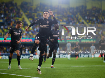 Ilias Akhomach of Villarreal CF celebrates after scoring the team's first goal during the LaLiga EA Sports match between Villarreal CF and D...