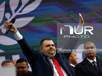 MRF - New Beginning party leader Delyan Peevski speaks to the participants in the protest in front of the National Assembly on the first day...