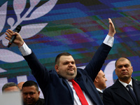 MRF - New Beginning party leader Delyan Peevski speaks to the participants in the protest in front of the National Assembly on the first day...