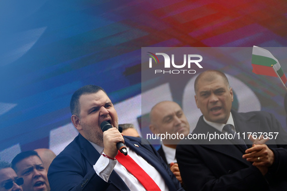 MRF - New Beginning party leader Delyan Peevski speaks to the participants in the protest in front of the National Assembly on the first day...