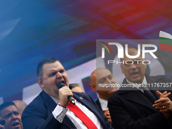 MRF - New Beginning party leader Delyan Peevski speaks to the participants in the protest in front of the National Assembly on the first day...