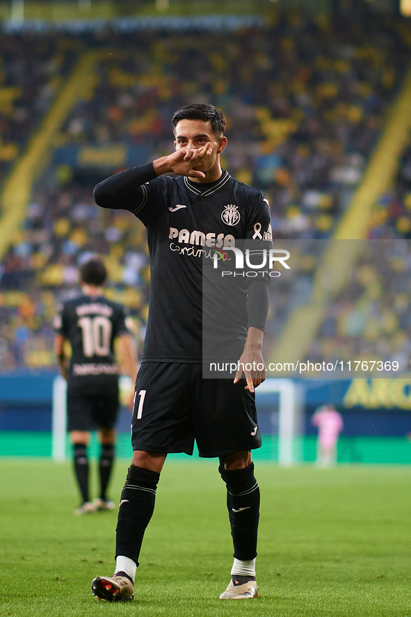 Ilias Akhomach of Villarreal CF celebrates after scoring the team's first goal during the LaLiga EA Sports match between Villarreal CF and D...