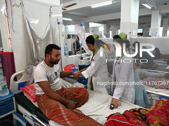 A nurse treats a patient covered with mosquito nets suffering from dengue fever inside the 'Shaheed Suhrawardy' Medical College Hospital in...