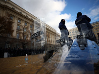 Police officers guard the National Assembly building on the first day of parliament in Sofia, Bulgaria, on November 11, 2024. (