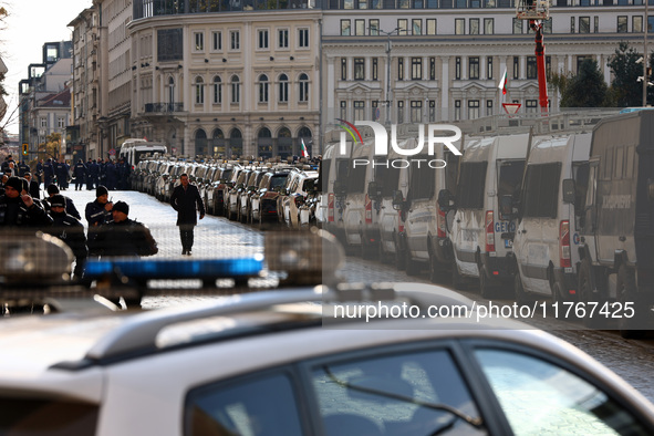 Police officers guard the National Assembly building on the first day of parliament in Sofia, Bulgaria, on November 11, 2024. 