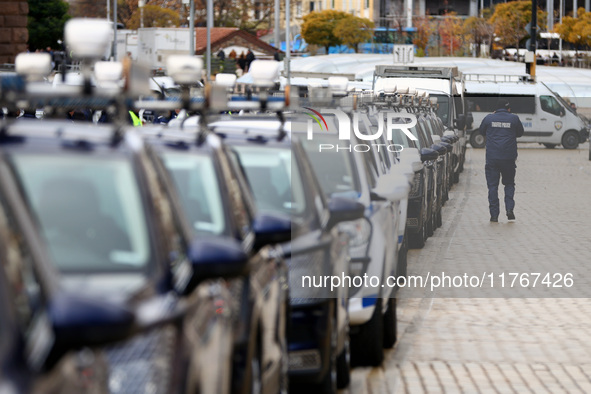 Police officers guard the National Assembly building on the first day of parliament in Sofia, Bulgaria, on November 11, 2024. 