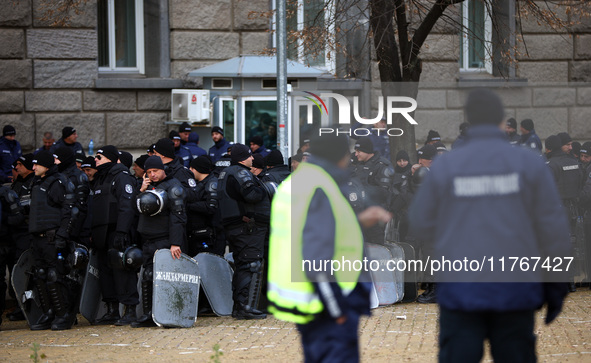 Police officers guard the National Assembly building on the first day of parliament in Sofia, Bulgaria, on November 11, 2024. 