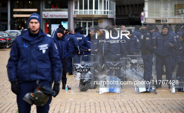 Police officers guard the National Assembly building on the first day of parliament in Sofia, Bulgaria, on November 11, 2024. 