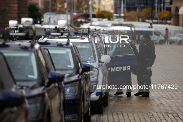 Police officers guard the National Assembly building on the first day of parliament in Sofia, Bulgaria, on November 11, 2024. 