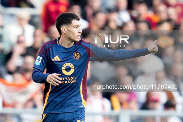 Matias Soule' of AS Roma gestures during the Serie A Enilive match between AS Roma and Bologna FC at Stadio Olimpico on November 10, 2024 in...