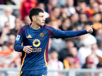 Matias Soule' of AS Roma gestures during the Serie A Enilive match between AS Roma and Bologna FC at Stadio Olimpico on November 10, 2024 in...