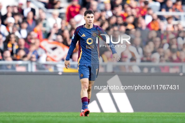 Matias Soule' of AS Roma looks on during the Serie A Enilive match between AS Roma and Bologna FC at Stadio Olimpico on November 10, 2024 in...