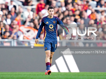 Matias Soule' of AS Roma looks on during the Serie A Enilive match between AS Roma and Bologna FC at Stadio Olimpico on November 10, 2024 in...