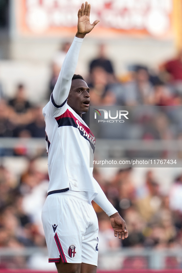 Jhon Lucumi of Bologna FC gestures during the Serie A Enilive match between AS Roma and Bologna FC at Stadio Olimpico on November 10, 2024 i...