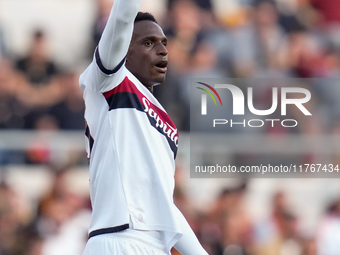 Jhon Lucumi of Bologna FC gestures during the Serie A Enilive match between AS Roma and Bologna FC at Stadio Olimpico on November 10, 2024 i...