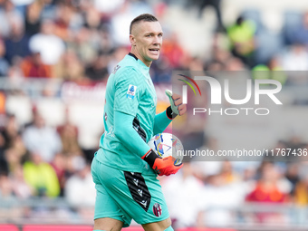 Lukasz Skorupski of Bologna FC looks on during the Serie A Enilive match between AS Roma and Bologna FC at Stadio Olimpico on November 10, 2...