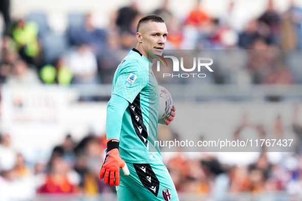 Lukasz Skorupski of Bologna FC during the Serie A Enilive match between AS Roma and Bologna FC at Stadio Olimpico on November 10, 2024 in Ro...