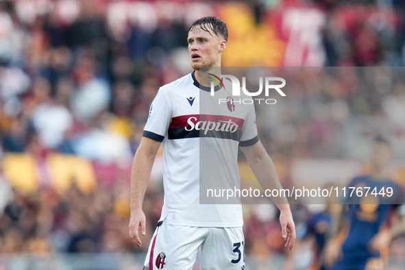 Sam Beukema of Bologna FC looks on during the Serie A Enilive match between AS Roma and Bologna FC at Stadio Olimpico on November 10, 2024 i...