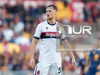 Sam Beukema of Bologna FC looks on during the Serie A Enilive match between AS Roma and Bologna FC at Stadio Olimpico on November 10, 2024 i...