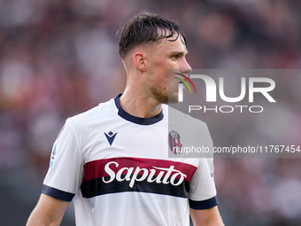 Sam Beukema of Bologna FC looks on during the Serie A Enilive match between AS Roma and Bologna FC at Stadio Olimpico on November 10, 2024 i...