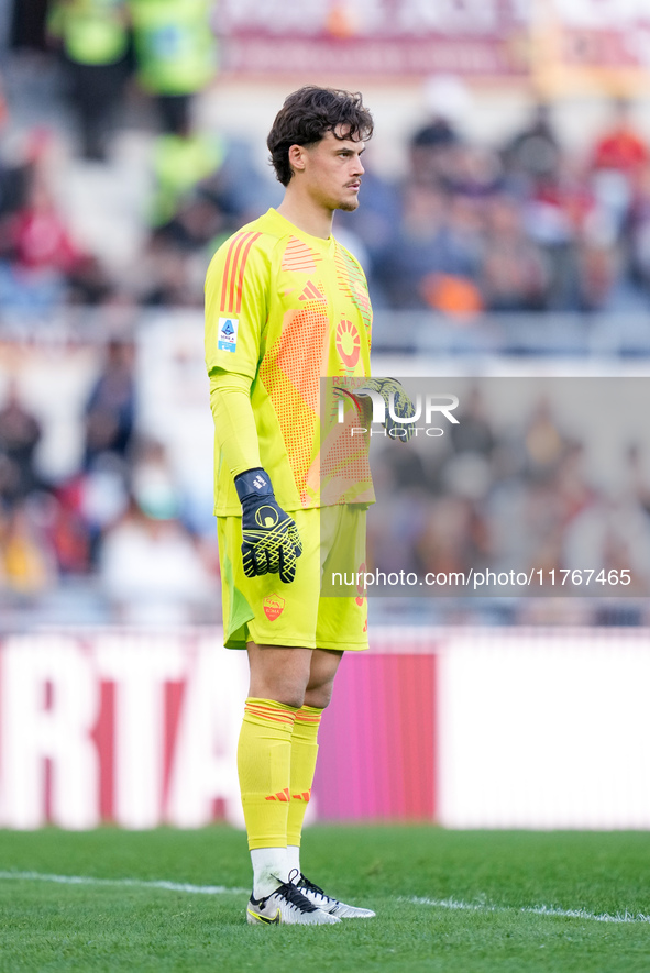 Mile Svilar of AS Roma looks on during the Serie A Enilive match between AS Roma and Bologna FC at Stadio Olimpico on November 10, 2024 in R...