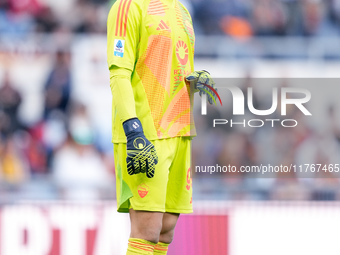 Mile Svilar of AS Roma looks on during the Serie A Enilive match between AS Roma and Bologna FC at Stadio Olimpico on November 10, 2024 in R...