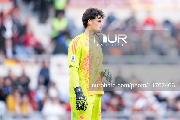 Mile Svilar of AS Roma looks on during the Serie A Enilive match between AS Roma and Bologna FC at Stadio Olimpico on November 10, 2024 in R...